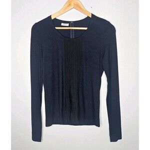 AKRIS PUNTO Long Sleeve Modal Top Blouse 8 Front Pleats Navy Blue & Black Fitted